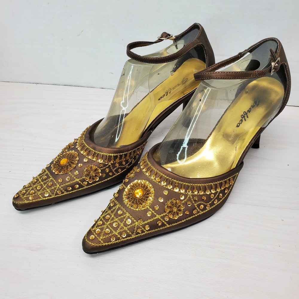 Graffeo Heels Embellished Pointed Toe Ankle Strap Beaded Brown Gold‎ 9